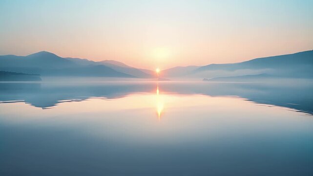 A minimalist design featuring parallel lines and smooth curves emulating the serene movement of a calm lake at sunrise.