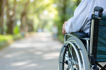 Fototapeta premium Elderly society or aging society, having a healthy body and happy retirement, close up a hand and wheelchair in which an elderly person is sitting