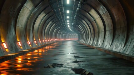 A futuristic tunnel with sleek lines, illuminated by bright lights, creating a mysterious and captivating atmosphere.