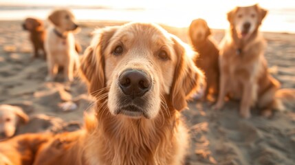 Obraz premium A close-up photograph of a group of Golden Retrievers looking directly at the camera, with playful and curious expressions