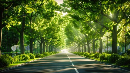 Obraz premium A serene tree-lined road illuminated by soft sunlight, inviting peaceful strolls and tranquil escapes into nature's embrace.