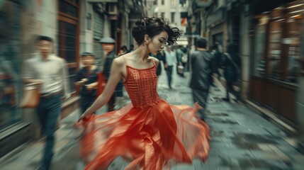 Naklejka premium A woman in a red dress spins gracefully on a busy city street, with blurred motion of people around her