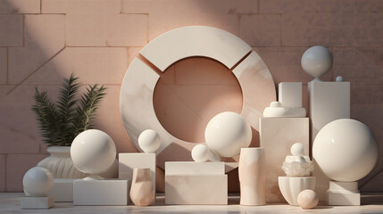 3D display abstract geometry ball and square of mable with brown background in the modern style