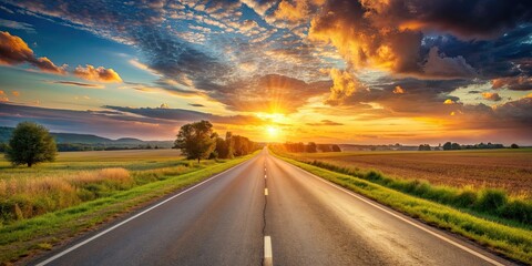 Naklejka premium Scenic view of empty road in countryside at sunset, symbolizing endless possibilities, road, empty, countryside, fields