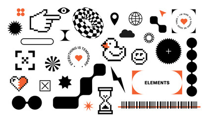  Y2k retro futurism sticker pack. Pixel art. Swag Geometric abstract simple shapes. Funny naive design elements. 8bit icons, Brutalist style, Black and white. Cursor, Hourglass, pixelated rubber duck