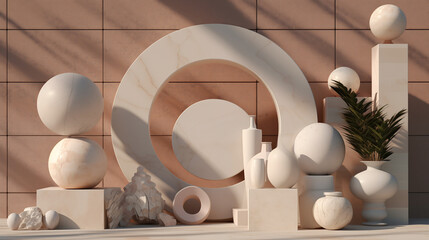 3D display abstract geometry ball and square of mable with brown background in the modern style