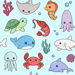 Marine animals seamless pattern, background. Simple children cartoon illustrations, kawaii vector drawings