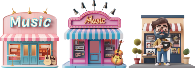 3d illustration of music store with guitar on the front