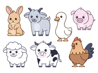 Farm animals, set of cute cartoon children illustrations, kawaii vector drawings