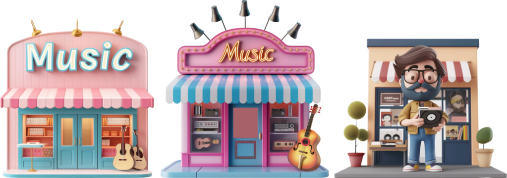 3d illustration of music store with guitar on the front