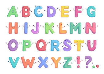 Cartoon alphabet, letters. Cute children doodle illustratons, set of vector characters