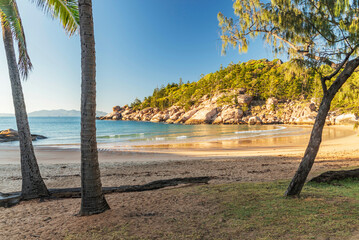 Picturesque golden sandy Alma Beach with granite boulders and turquoise water on Magnetic Island, Queensland, Australia. The island is a holiday destination 8 km offshore of Townsville.