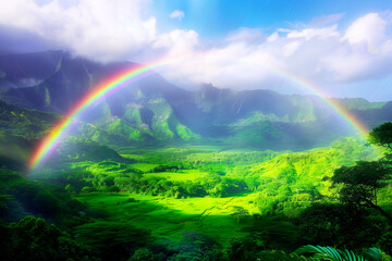 Rainbow over a green valley, summer mountain landscape, wallpaper