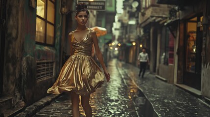 Obraz premium A woman in a gold dress walks through a narrow, wet alleyway with a focused expression