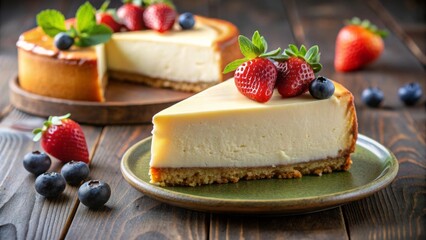 Cheesecake decorado con fresas y arándanos, servido en un plato verde sobre una mesa de madera.