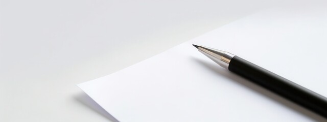 White Paper and Pen on White Background with Copy Space