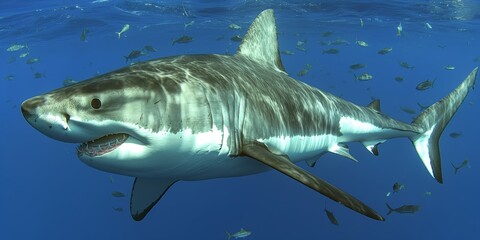Naklejka premium A great white shark swimming in clear blue ocean water surrounded by smaller fish