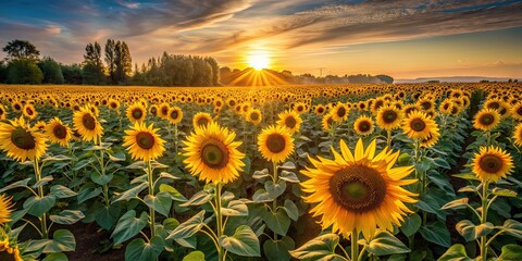 Obraz premium Sunflower field at sunset with golden light illuminating petals and casting long shadows, Sunflowers, field, sunset