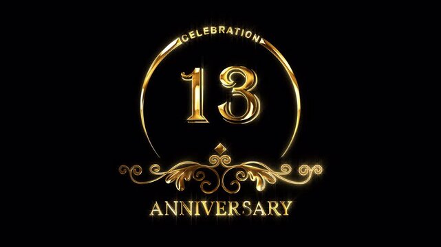 13th Anniversary Celebration. Happy 13 Years Anniversary Animation in Gold Color on the Transparent Background, Alpha Channel. Great for greetings, celebrations, events, and gifts.