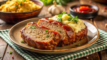 Pan de carne casero con romero fresco, servido con judías verdes y puré de papas, acompañado de una copa de vino.