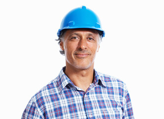 Portrait, confident engineer or man with hard hat for safety isolated on white studio background. Face, mature architect or construction manager, builder or developer with helmet in industry in Spain