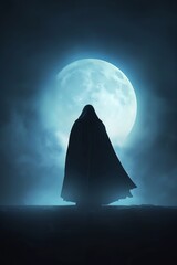 A mysterious figure in a cloak stands under a large, luminous moon, creating an eerie and enchanting atmosphere.
