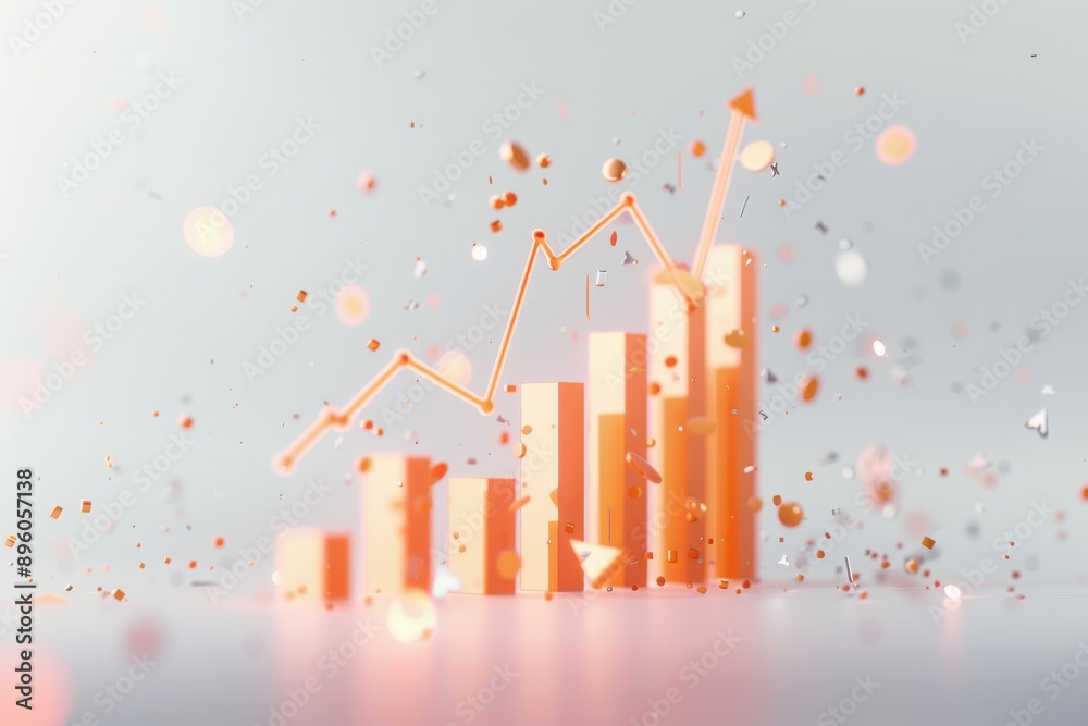 Aufkleber Orange abstract bar graph with rising line and scattered geometric shapes, representing business growth and data analytics.