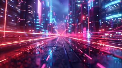 Techno-environment, digital stream, focused beams of light, bright neon accents, low-angle shot, cyber-inspired scenery, ultra-sharp, HD quality