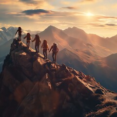 Group of hikers reaching the summit at sunset