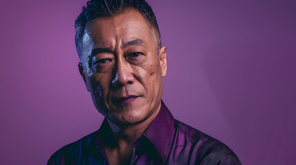 Obraz premium Portrait of Asian man in his middle years posing against a purple backdrop