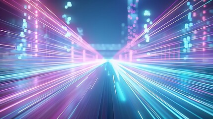 Obraz premium Techno-environment, digital stream, focused beams of light, bright neon accents, low-angle shot, cyber-inspired scenery, ultra-sharp, HD quality