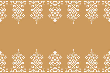 Traditional black ethnic motifs ikat geometric fabric pattern cross stitch.Ikat embroidery Ethnic oriental Pixel brown background.Abstract,vector,illustration. Texture,decoration,wallpaper.