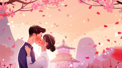 A couple kisses under a cherry blossom tree in Japan