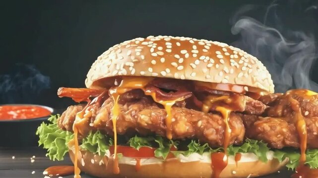 Delicious zinger burger, Lettuce, and Tomatoe, Delicious fast food concept, made with Ai generative technology, stock video, food stock videos, juicy burger, burger video, youtube food video	
