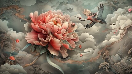 An exquisitely detailed, super realistic scene featuring a vibrant peony flower surrounded by hand-drawn Chinese cloud decorations in a vintage style. 
