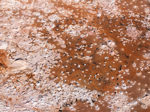 Aerial view of Opal mining shafts, Coober Pedy, South Australia, Australia.