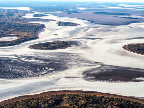 Aerial view of Lake Amadeus, salt lake, arid desert landscape, Petermann, Northern Territory, Australia.
