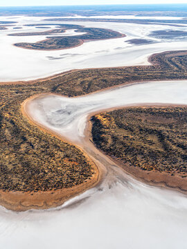 Aerial view of Lake Amadeus, salt lake with islands, Petermann, Northern Territory, Australia.