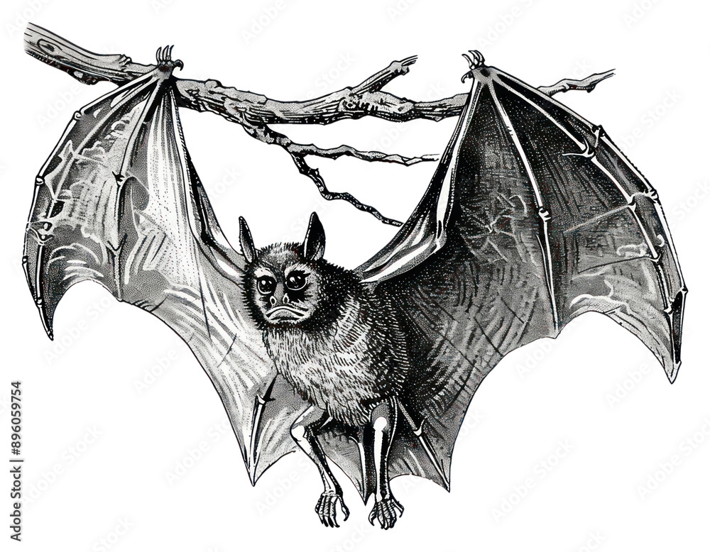 Poster png detailed bat illustration hanging branch