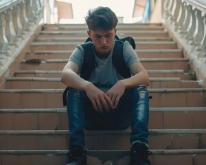 Adolescent student managing educational challenges, stress, and depression on school steps