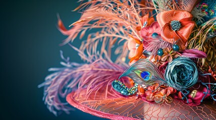 An exquisitely detailed close-up of a Kentucky Derby elaborate hat, adorned with an array of vibrant feathers, intricate lace, and delicate flowers.