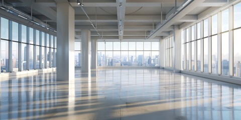Unoccupied modern office or building room, interior, and windows in summer. For design, architecture, or simplicity with gorgeous views, business, house, and wood floors in a luxury apartment