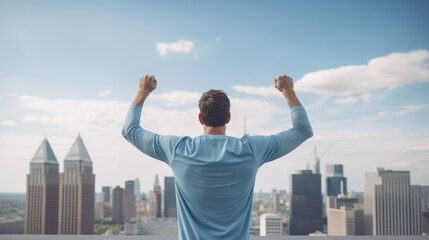 Active mixed-race man in back stretches arms and triceps by pulling elbow with hands to spine behind head while exercising outdoors. Male muscle builder warming up for workout or run.
