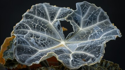 Macro shot of a rare Alocasia with its textured, gray leaves