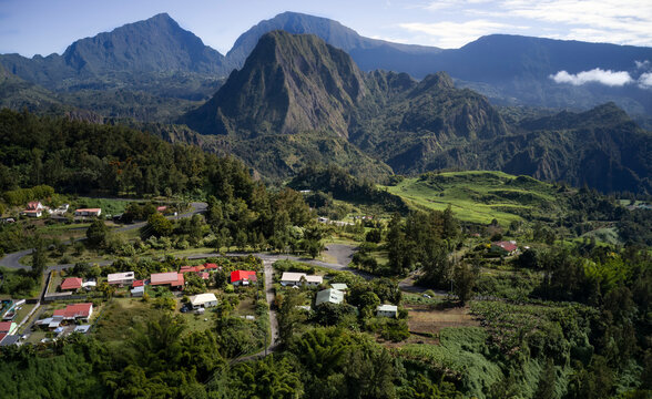 Aerial view of lush and scenic Creole Village nestled in the remote valley of Cirque de Salazie, Hellbourg, Reunion.
