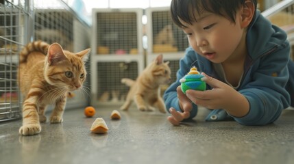 Naklejka premium Cat adoption center, shelter, or volunteer community charity child, girl, or feeding cats. Pets, homeless kittens, or eating with kids, youth, or foster care recipients need support.
