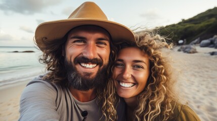 Youthful mixed-race couple smiling and shooting a smartphone selfie on the beach at sunset. An Hispanic man and Caucasian woman on a beach date celebrate love.