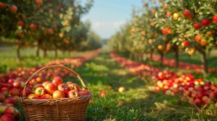 A wide shot of an apple orchard during harvest time. Rows of apple trees stretch into the distance, each tree heavily laden with ripe, colorful apples. A basket filled with freshly picked apples sits