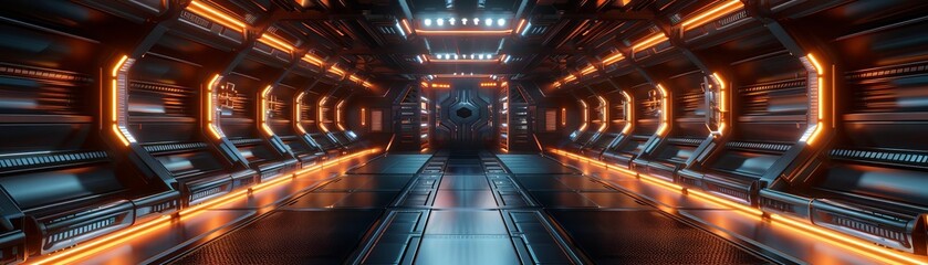 Obraz premium Futuristic 3D room background with metallic surfaces, neon lights, and advanced technology elements, suitable for sci-fi settings