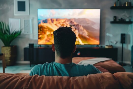 Man watching big led tv on sofa in living room with empty space for text, home entertainment concept - Powered by Adobe